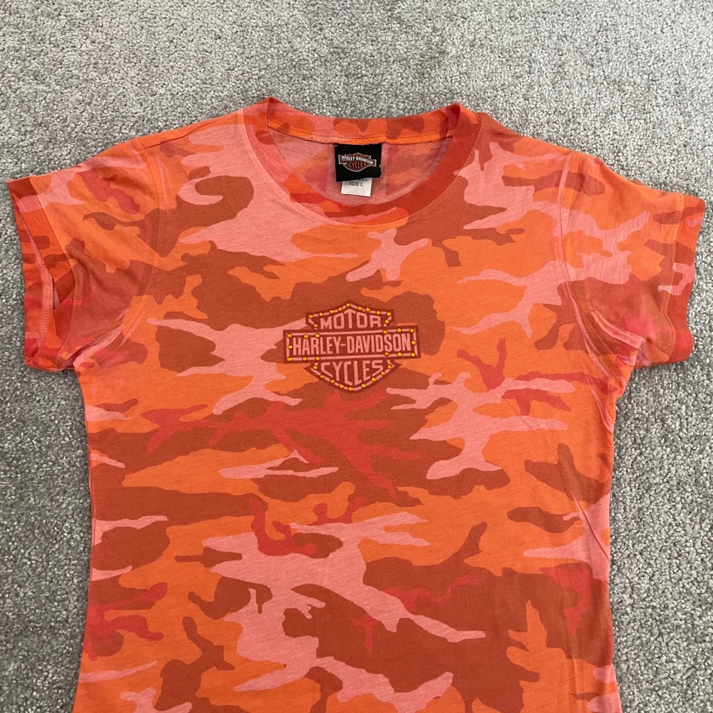 Harley Davidson T Shirt Womens Large Camo Biker Y2K El Cajon California Coral